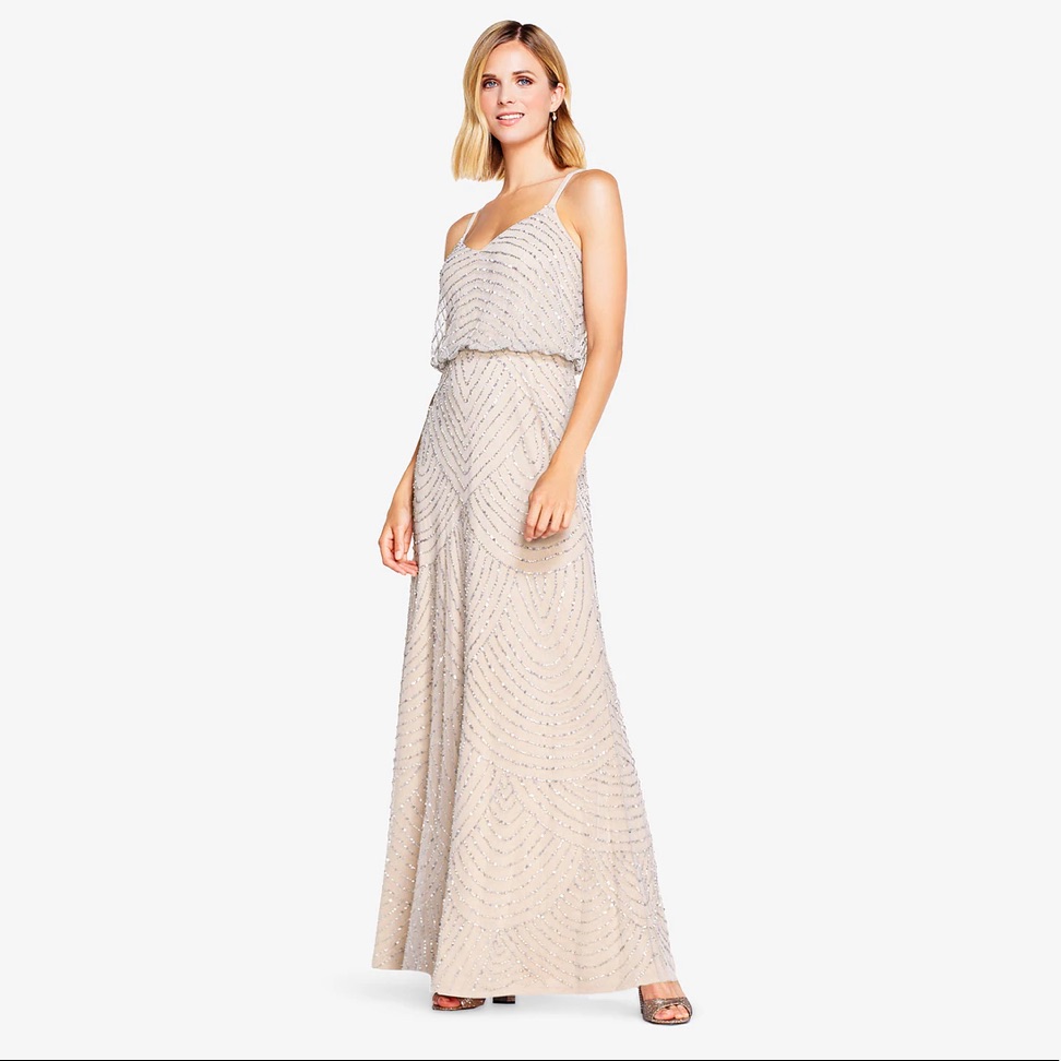 Nwt Art Deco Beaded Blouson Gown In Silver Nude